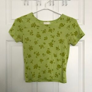 Vintage Green Box Floral Top XS/S Fit Short Sleeve Round Neckline